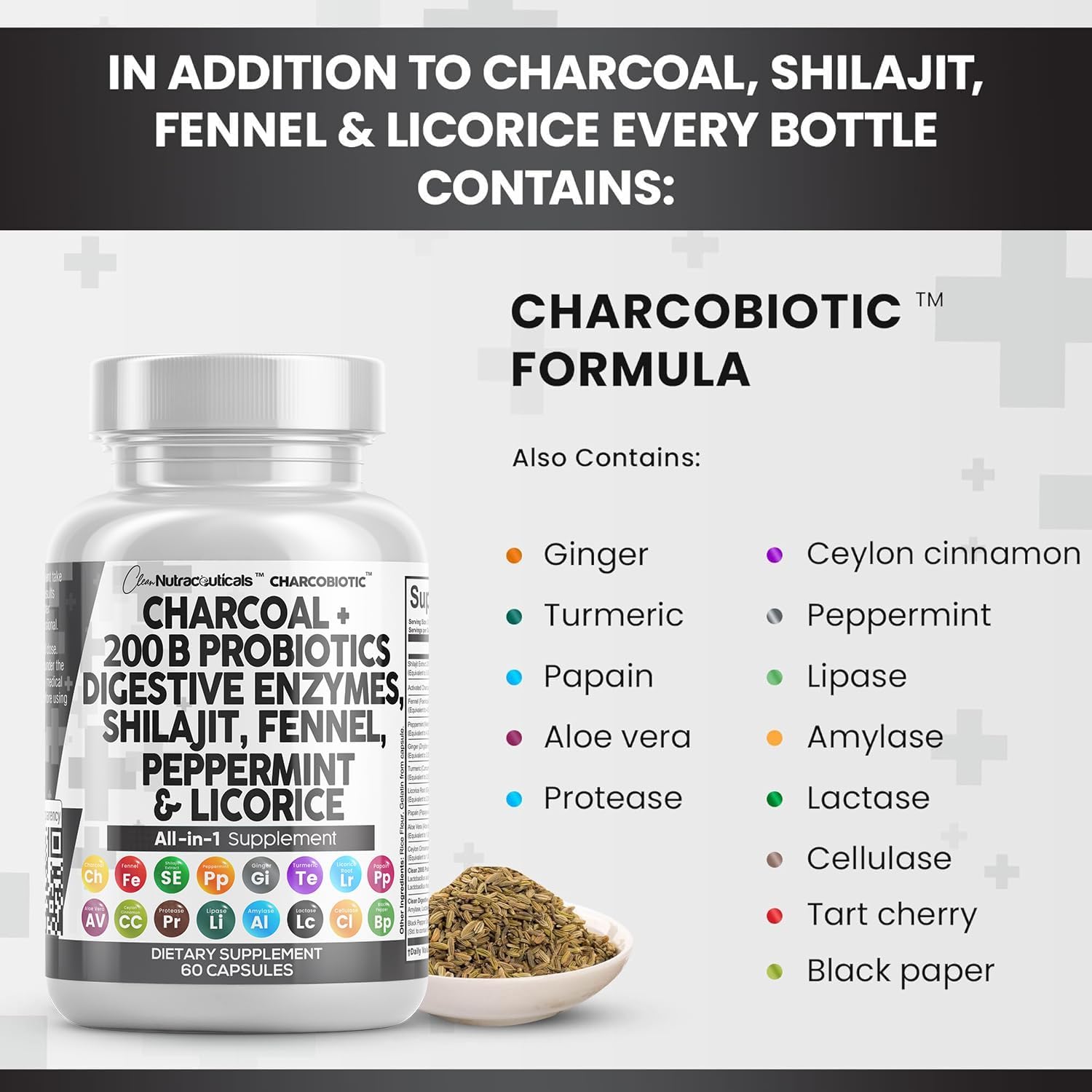 Clean Nutra Activated Charcoal Capsules Shilajit 5000mg Pills Probiotic 200 Billion + Digestive Enzymes for Digestive Health with Peppermint Fennel Licorice Papain Ginger Turmeric | Gut Health : Health & Household