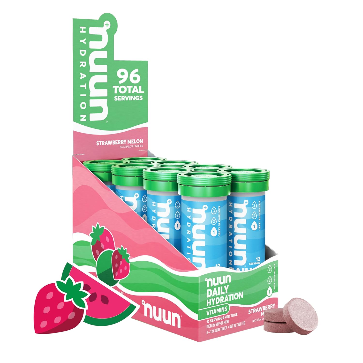 Nuun Hydration Vitamins Electrolyte Tablets + Vitamins, Strawberry Melon, 8 Pack (96 Servings)