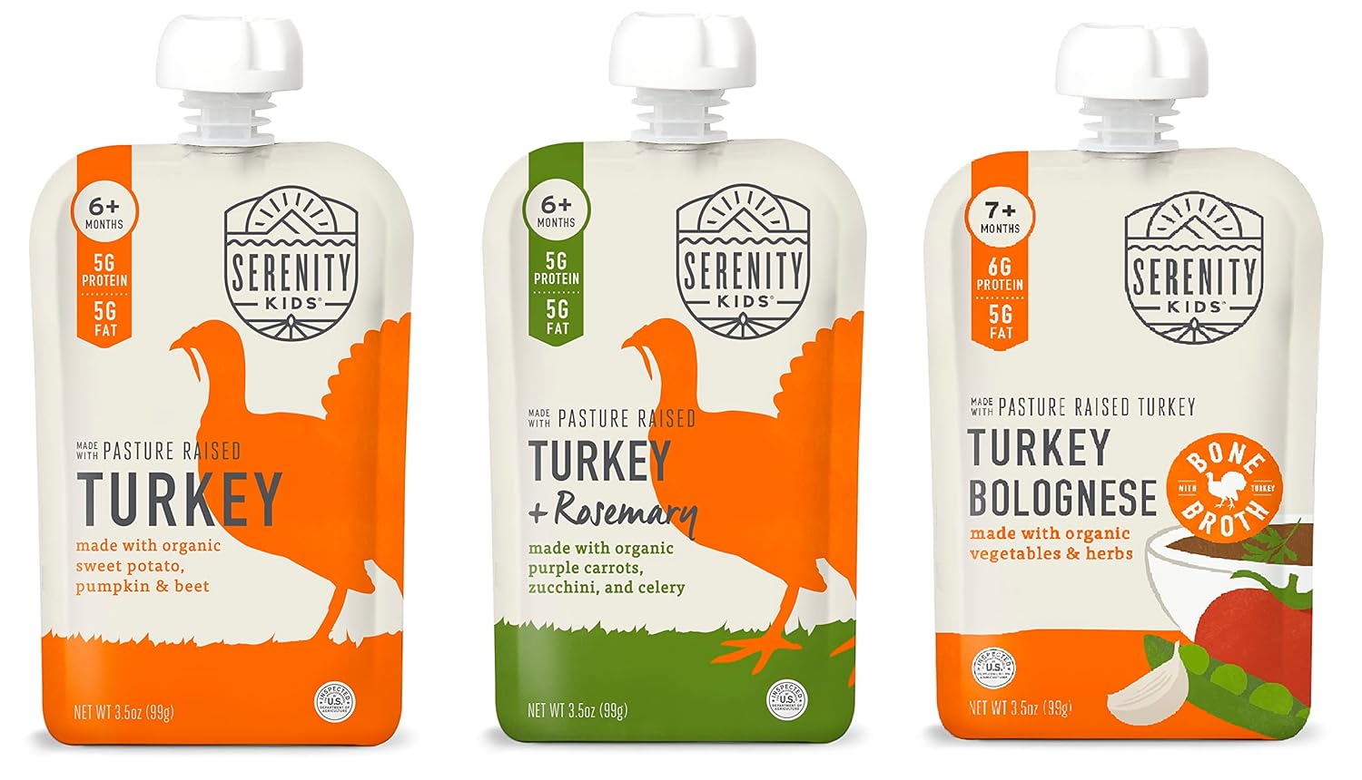 Serenity Kids 6+ Months Turkey Lover Baby Food Pouch Bundle | 6 Each Of Pasture Raised Turkey, Turkey & Rosemary And Turkey Bolognese Pouches (18 Count)