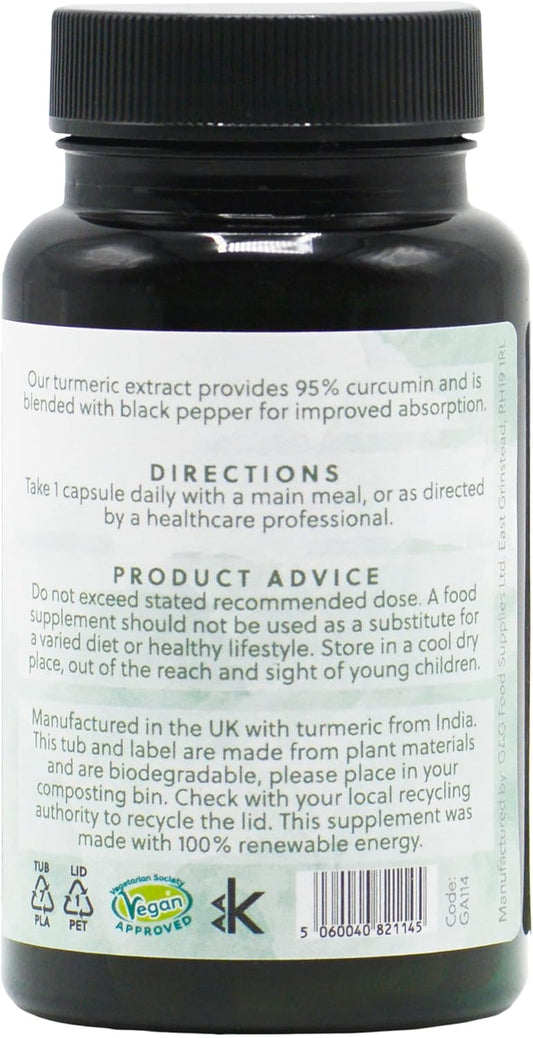 Turmeric & Curcumin 500Mg - 95% Curcuminoids - High Strength With Black Pepper For Enchanced Absorption - 60 Vegan Capsules - Natural Anti-Inflammatory - Uk-Made - No Additives - G&G Vitamins
