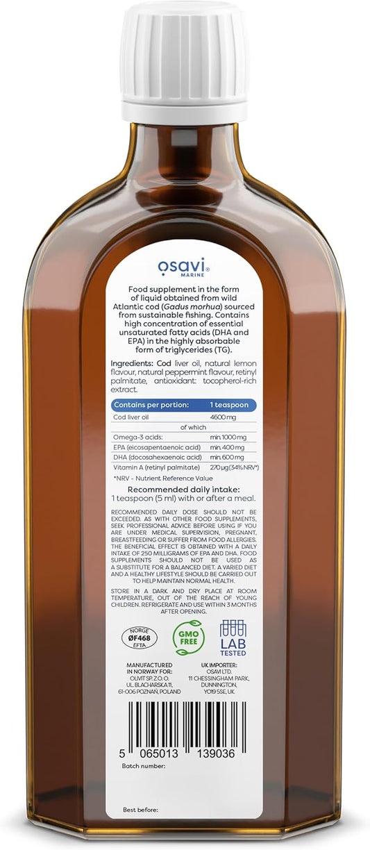 Osavi Norwegian Cod Liver Oil 1000 mg Omega 3 – 250 ml | Lemon-Mint Flavor | DHA & EPA for Heart, Brain & Vision Health | Supports Immune Function | Sourced from Wild Atlantic Cod : Amazon.co.uk: Health & Personal Care