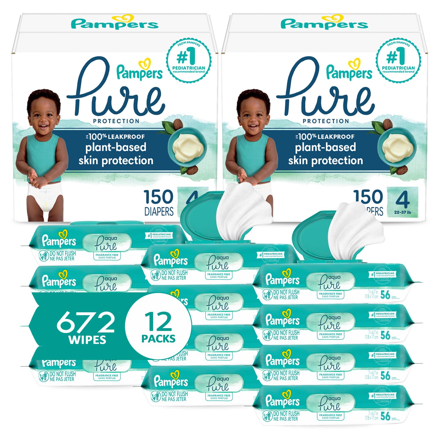 Pampers Pure Protection Disposable Baby Diapers Size 4, 2 Month Supply (2 X 150 Count) With Aqua Pure Sensitive Baby Wipes, 12X Pop-Top Packs (672 Count)