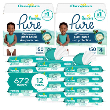 Pampers Pure Protection Disposable Baby Diapers Size 4, 2 Month Supply (2 X 150 Count) With Aqua Pure Sensitive Baby Wipes, 12X Pop-Top Packs (672 Count)