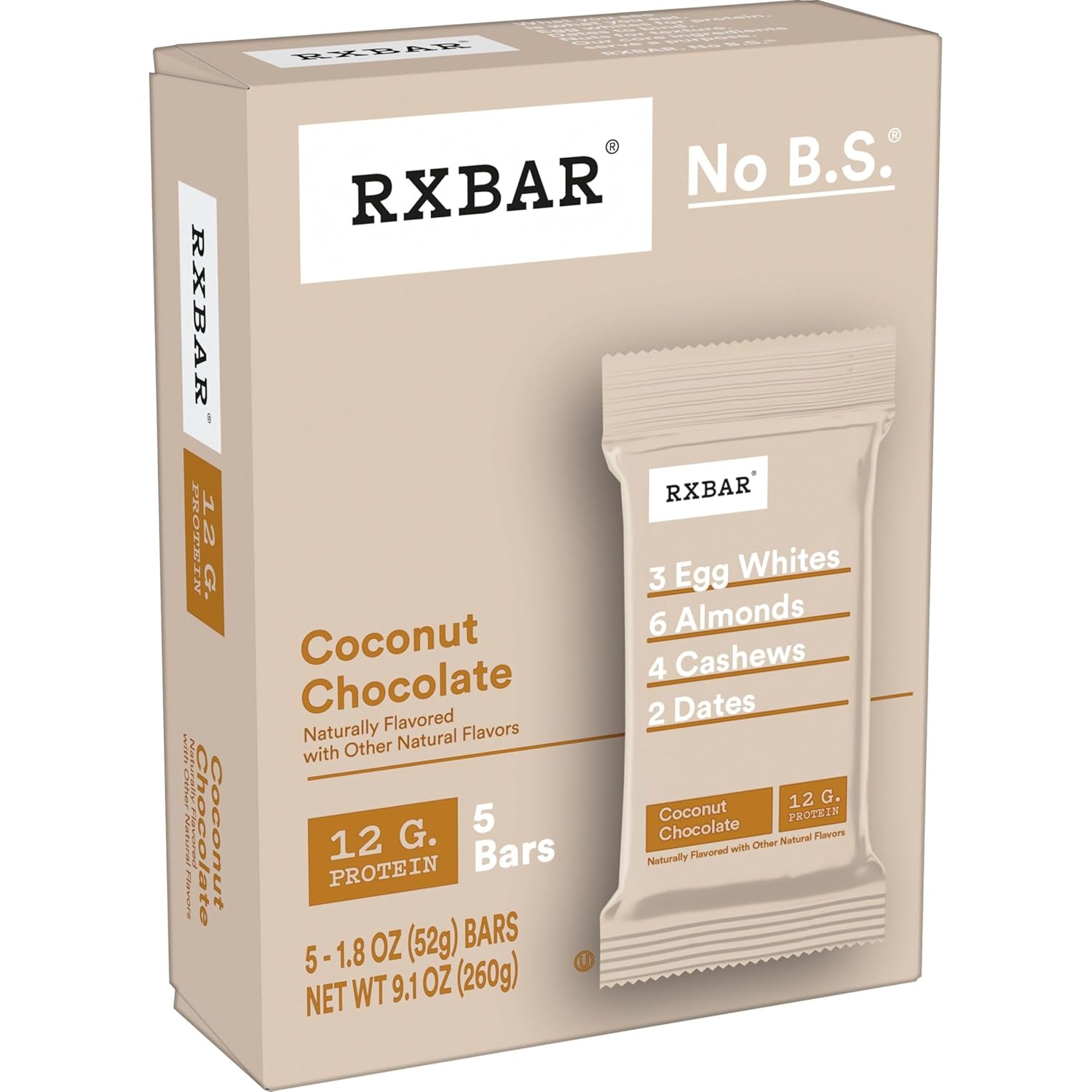 Rxbar Protein Bars, 12G Protein, Gluten-Free, Snacks, Coconut Chocolate, 9.1Oz Box (5 Bars)