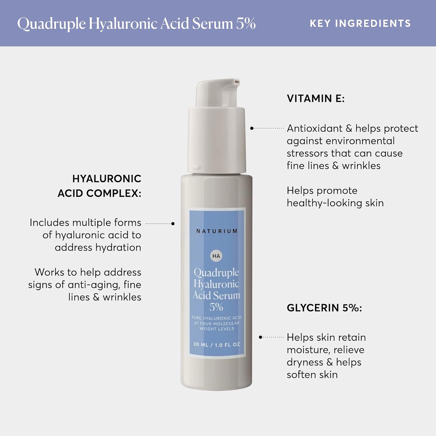 Naturium Quadruple Hyaluronic Acid Serum 5%, Hydrating & Plumping Face Serum, Anti-Aging & Moisturizing Skin Care, Fragrance-Free, 1 oz : Beauty & Personal Care