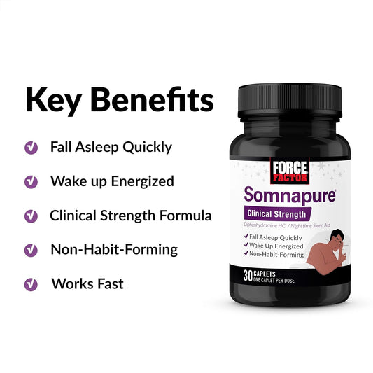 Force Factor Somnapure Clinical Strength, 2-Pack, Sleep Aid For Adults With #1 Doctor-Recommended Sleeping Pill Ingredient Diphenhydramine Hcl, Non-Habit-Forming, Nighttime Sleep Support, 60 Caplets