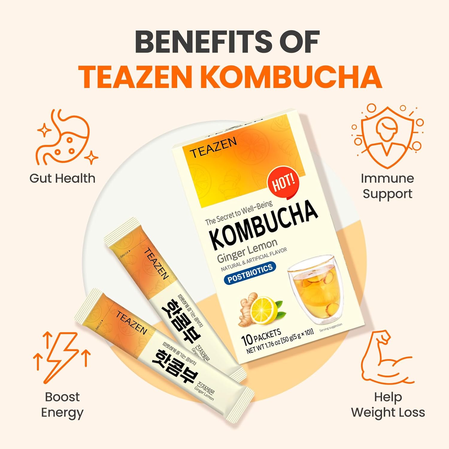 Teazen Lemon Ginger Hot Kombucha Tea, Spice Tea, Live Probiotics & Postbiotics, Relaxation And Warmth For Colds And Sore Throat, Hydration Drink Mix, Sugar Free, 10 Sticks, 1.76Oz