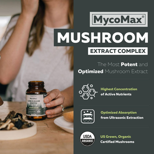 MycoMax Lions Mane Supplement - 70% Beta Glucans, Max Potency Organic Lions Mane Extract, US Grown + Ultrasonic Extraction - 500 mg serving - Supports Mental Clarity, Focus and Memory - 60 Capsules