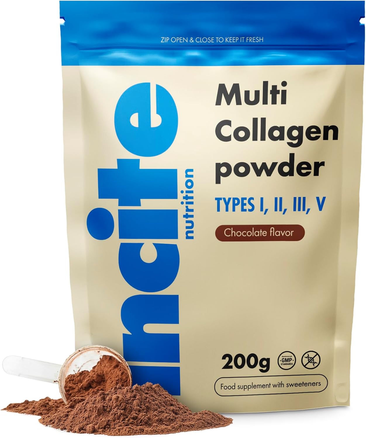 Incite Nutrition Chocolate Flavoured Multi Collagen Powder 200G Source Of Collagen Type 1 2 3 And 5. Essential Nutritional Supplement For Skin, Joints, Bones, Hair, Nails, And Muscle Recovery