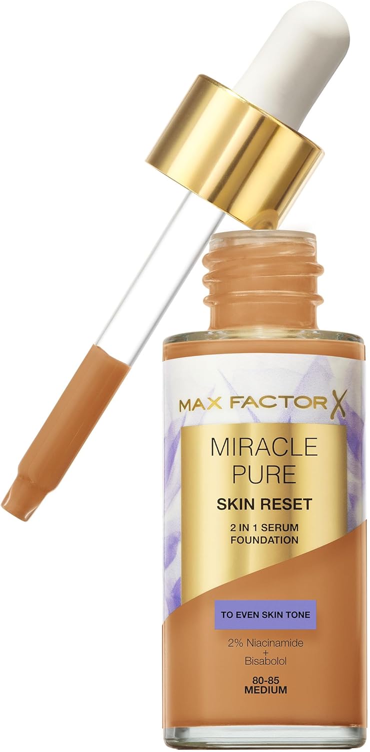 Max Factor Miracle Pure Skin Reset Serum Foundation, 110-120 Deep Cool, 2-In-1 Serum Formula, Healthy Looking Skin, Medium Coverage, Satin Matte Finish, 2% Niacinamide, Dermatologically Tested, 30Ml
