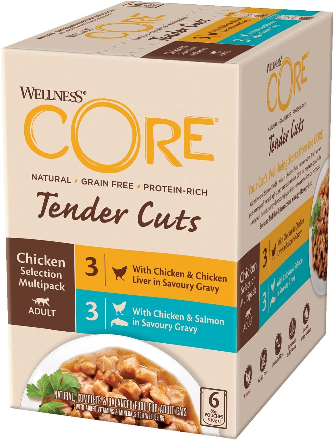 Wellness CORE Tender Cuts, Wet Cat Food, Cat Food Wet with Tender Pieces in Sauce, Grain Free, High Meat Content, Chicken Selection Mix, 6 x 85 g?10666