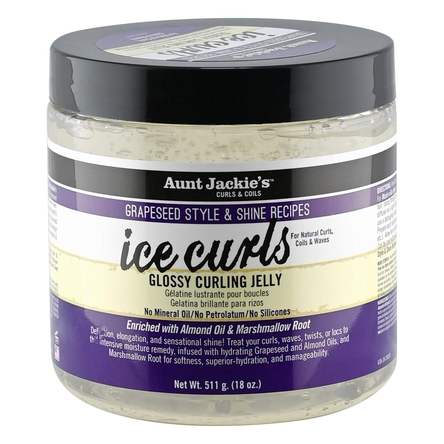 Aunt Jackie'S Grapeseed Style And Shine Recipes Ice Curls Glossy Curling Jelly, Hydrates, Softens, Makes Waves, Curls And Coils Easier To Style, 18 Oz