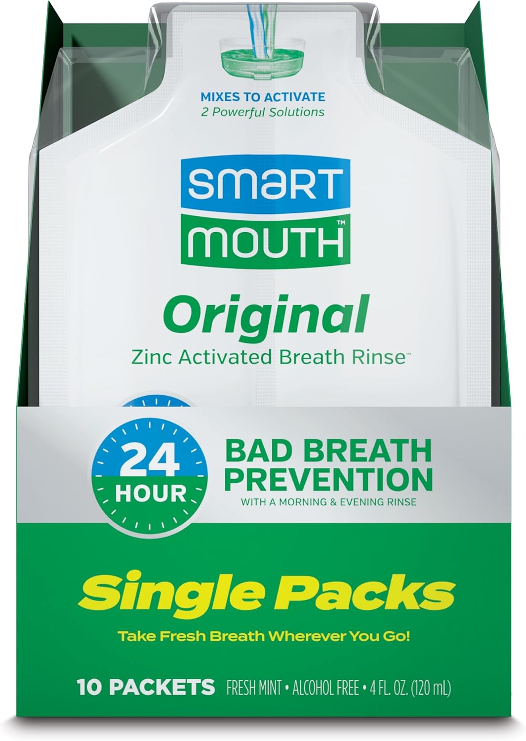 Smartmouth Original Activated Mouthwash - Adult Mouthwash For Fresh Breath - Oral Rinse For 24-Hour Bad Breath Relief With Twice Daily Use - Fresh Mint Flavor, 0.4 Fl Oz (10 Travel Packs)