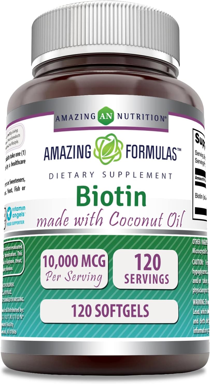 Amazing Formulas Biotin 10000Mcg With Extra Virgin Organic Coconut Oil 120 Softgels | Non-Gmo | Gluten Free | Made In Usa