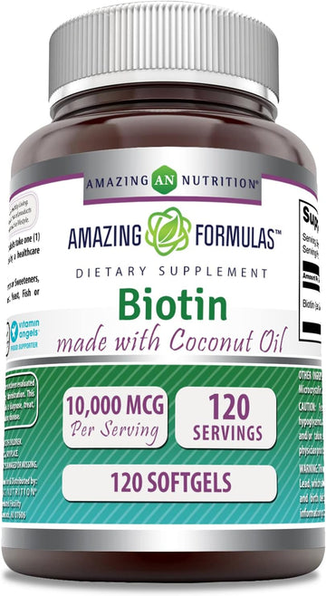 Amazing Formulas Biotin 10000Mcg With Extra Virgin Organic Coconut Oil 120 Softgels | Non-Gmo | Gluten Free | Made In Usa