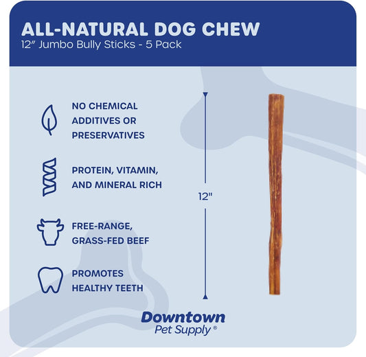 Downtown Pet Supply Bully Sticks for Dogs (12", 5-Pack, Jumbo) Non-GMO, Grain Free, Rawhide Free Dog Chews Long Lasting Pizzle Sticks - Low Odor Bully Sticks for Large Dogs