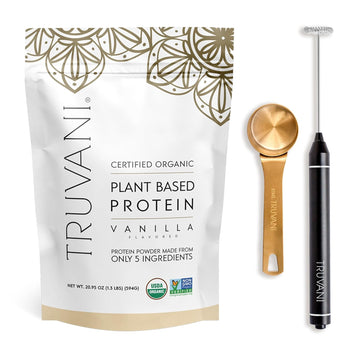 Truvani Vegan Vanilla Protein Powder With Frother & Scoop Bundle - 20G Of Organic Plant Based Protein Powder - Includes Portable Mini Electric Whisk & Durable Protein Powder Scoop