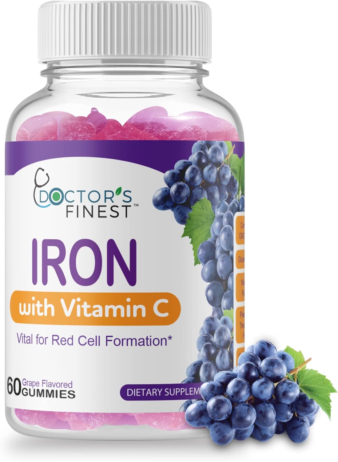 Doctors Orders Iron 10mg Vitamin C Gummies, Vegetarian GMO-Free Gluten Free, Great Tasting Natural Grape Flavor Gummy Vitamins, Dietary Supplement, Red Cell Formation, for Adults and Kids, 60 Gummies