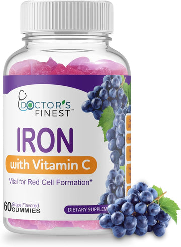 Doctors Orders Iron 10mg Vitamin C Gummies, Vegetarian GMO-Free Gluten Free, Great Tasting Natural Grape Flavor Gummy Vitamins, Dietary Supplement, Red Cell Formation, for Adults and Kids, 60 Gummies