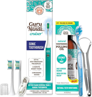 Gurunanda Cruiser Sonic Toothbrush(Teal) With 2 Brush Heads, Brush Cap, Usb Cable Coconut Oil Pulling With 7 Essential Oils And Vitamins For Fresh Breath, Teeth And Gum Health