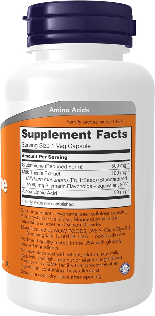 NOW Supplements, Glutathione 500 mg, With Milk Thistle Extract & Alpha Lipoic Acid, Free Radical Neutralizer*, 60 Veg Capsules