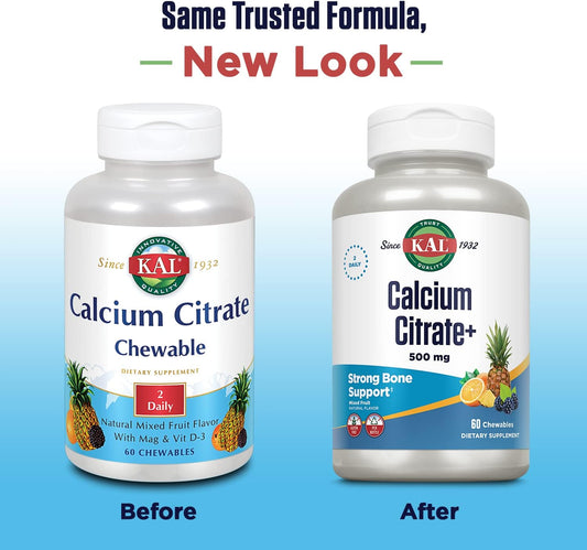 KAL® Calcium Citrate Chewable 500mg w/ Magnesium & Vitamin D-3 | for Bones, Teeth, Nerve & Muscle Support | Natural Mixed Fruit avor | 60 Chewables