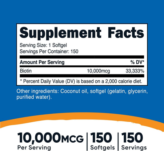 Nutricost Biotin (10,000Mcg) In Coconut Oil 150 Softgels - Gluten Free, Non-Gmo