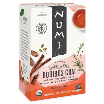 Numi Organic Rooibos Chai Tea, 18 Tea Bags, Red Tea With Cinnamon, Allspice & Ginger, Caffeine Free (Packaging May Vary)