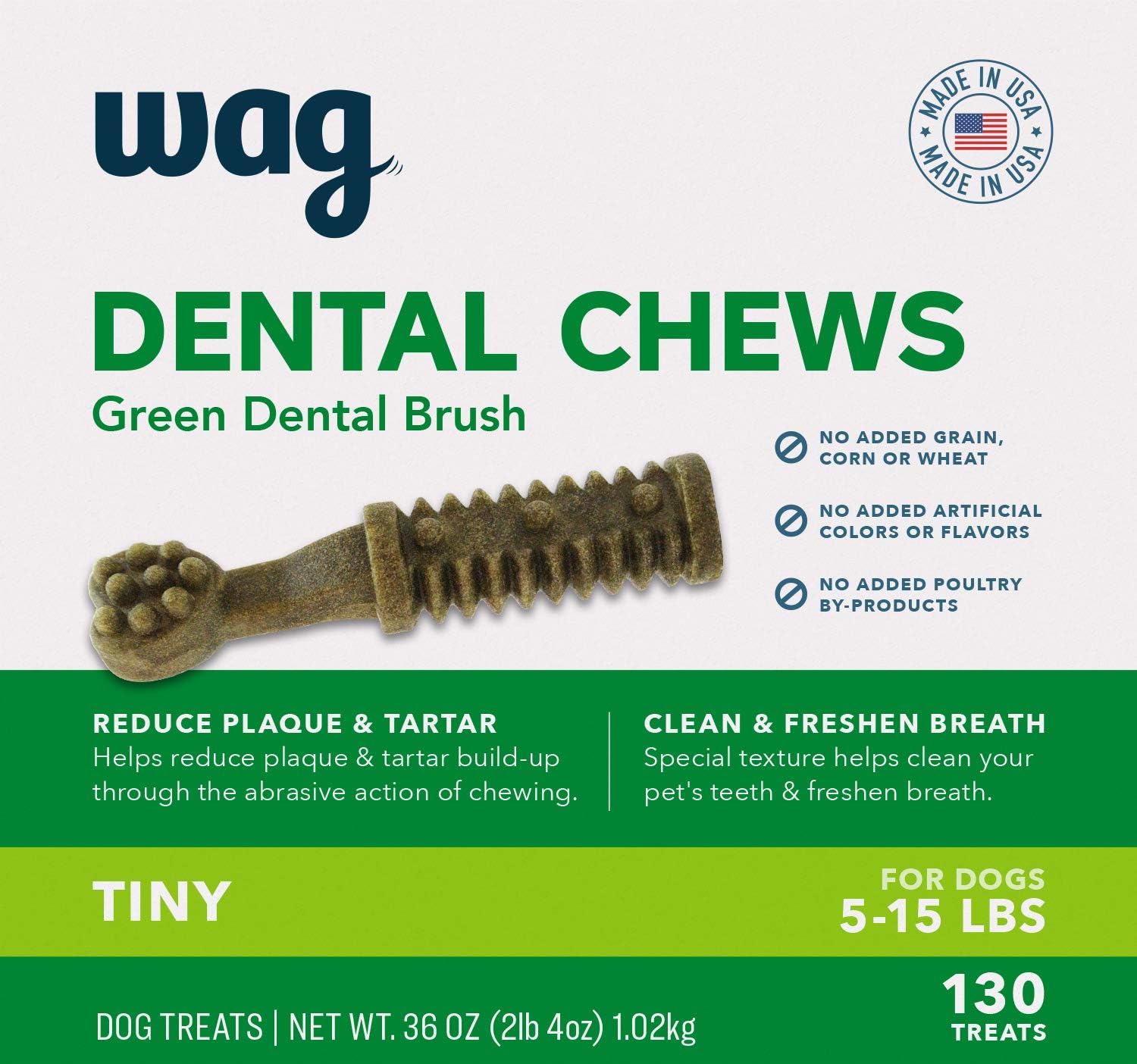 Amazon Brand - Wag Dental Dog Treats To Help Clean Teeth & Freshen Breath - Tiny, Unflavored, 2.25 Pounds, 130 Count (Pack Of 1)