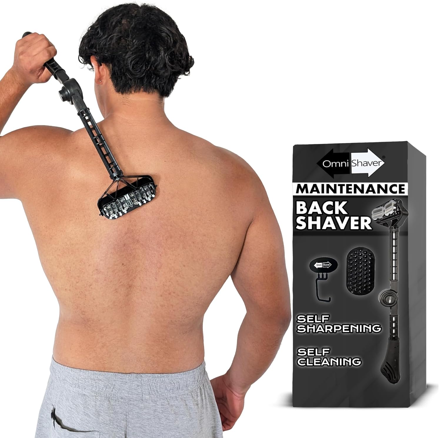 Ergonomic Maintenance Back Shaving Kit - Extendable Handle With Dual Shave Heads For Easy Reach - Includes Lotion Spreader - Self-Cleaning & Self-Stropping - Maintenance Back Shaver For Men