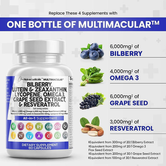 Clean Nutraceuticals Eye Health Vitamins with Bilberry 6000mg Lutein & Zeaxanthin 40mg Lycopene 40mg Resveratrol 3000mg Grape Seed Extract 6000mg Omega 3 4000mg Astaxanthin - Eye Vitamin - 60 Capsules