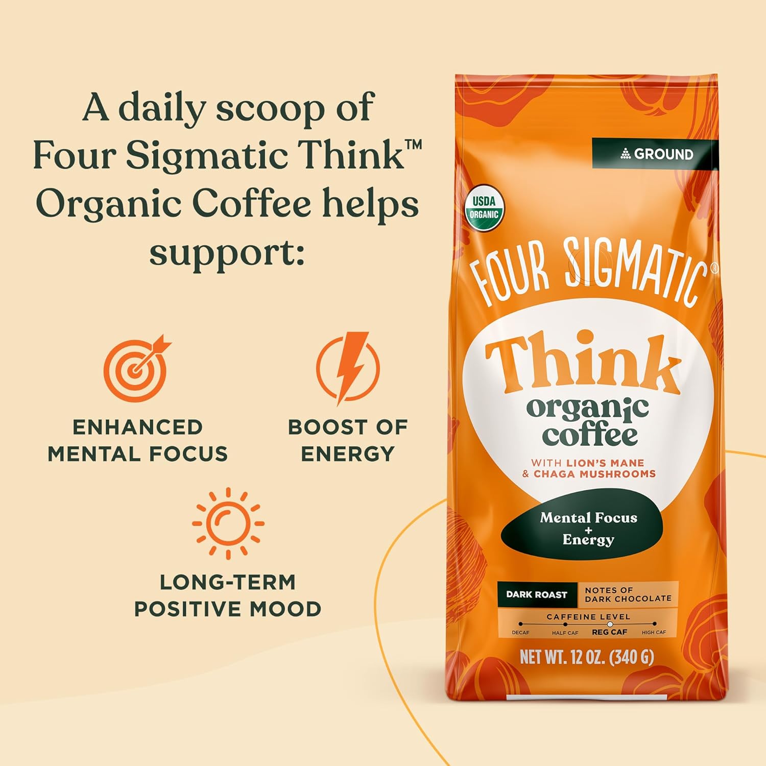 Four Sigmatic Think Organic Ground Coffee | Dark Roast, Fair Trade Gourmet Coffee with Lion's Mane Mushroom and Chaga Mushroom | Nootropic Mushroom Coffee for Better Focus & Immune Support | 12oz Bag : Grocery & Gourmet Food