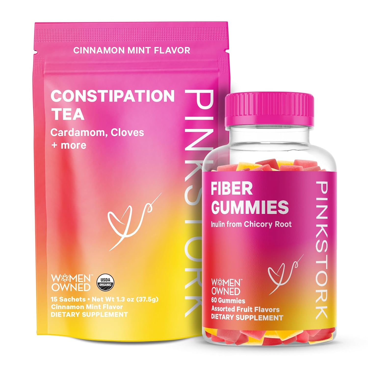 Pink Stork Gotta Go Bundle: Constipation Relief Tea + Fiber Gummies, Prebiotics, Gentle Laxative Tea, Stool Softener, Indigestion Relief, Gut Health, Digestive Support, Weight Loss, Women-Owned