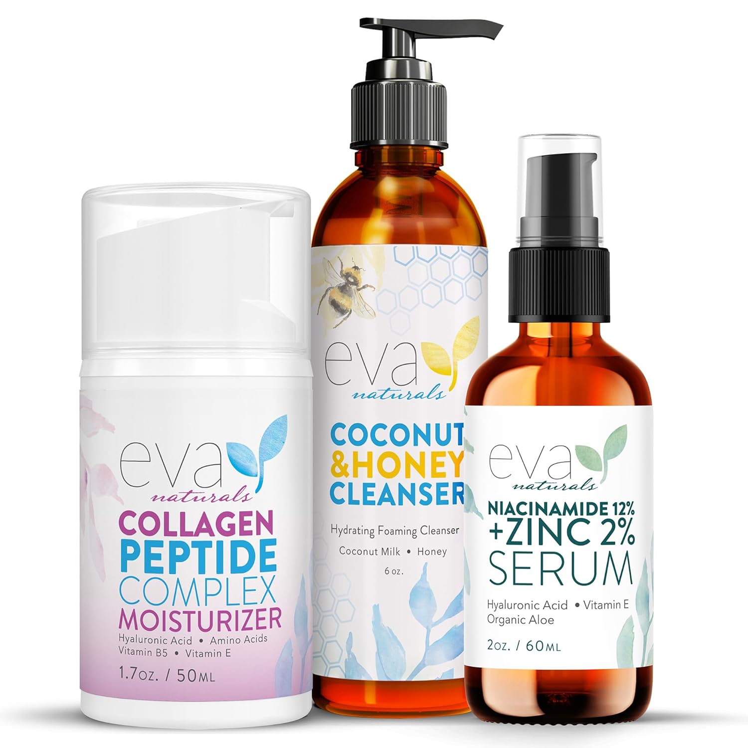 Collagen Peptide Moisturizer, Niacinamide 12% Serum & Coconut And Honey Cleanser Bundle