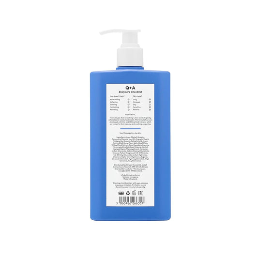 Q+A Salicylic Acid Smoothing Lotion, a BHA that exfoliates the skin, combats 'backne' and unwanted texture, 250ml