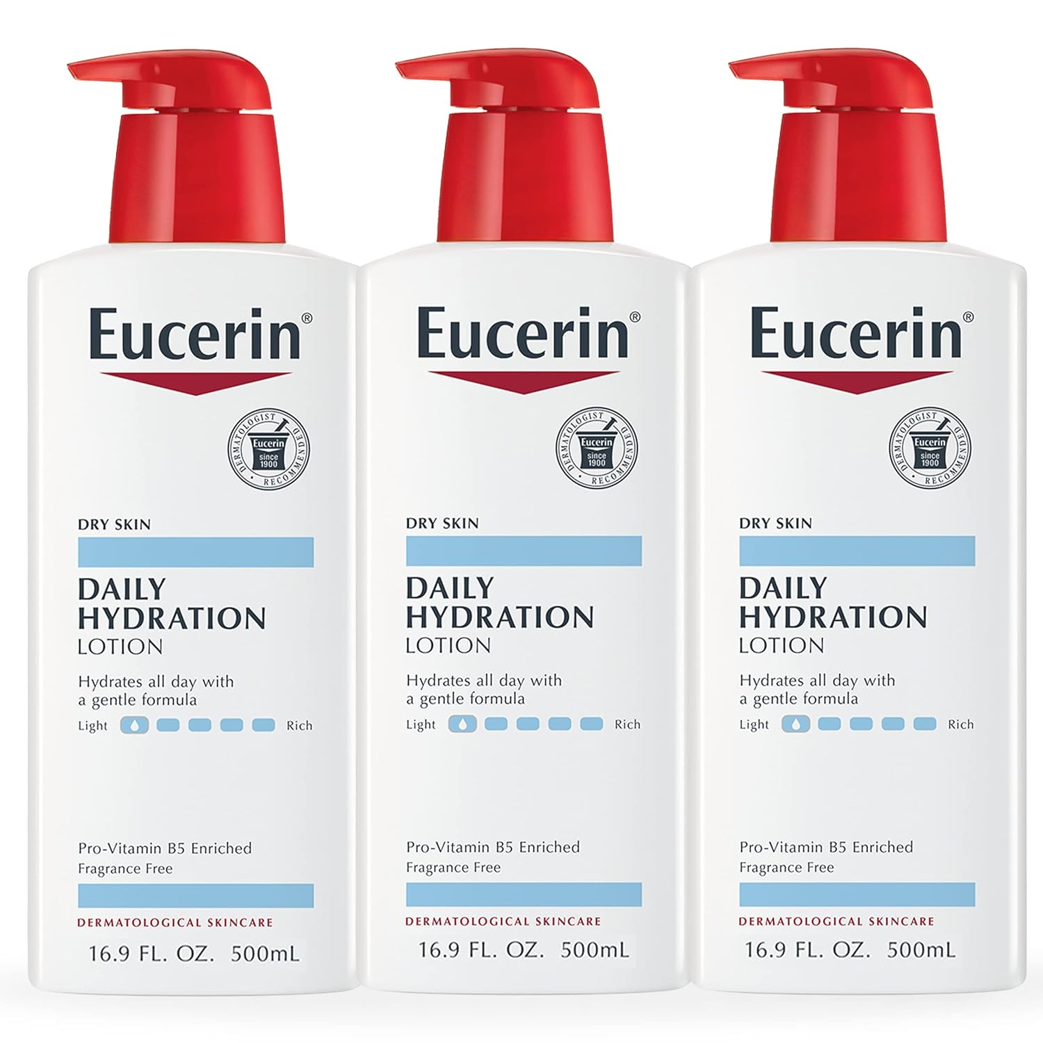 Eucerin Daily Hydration Body Lotion For Dry Skin, Unscented Body Moisturizer With Sunflower Oil And Pro-Vitamin B5, 16.9 Fl Oz Bottle, Pack Of 3