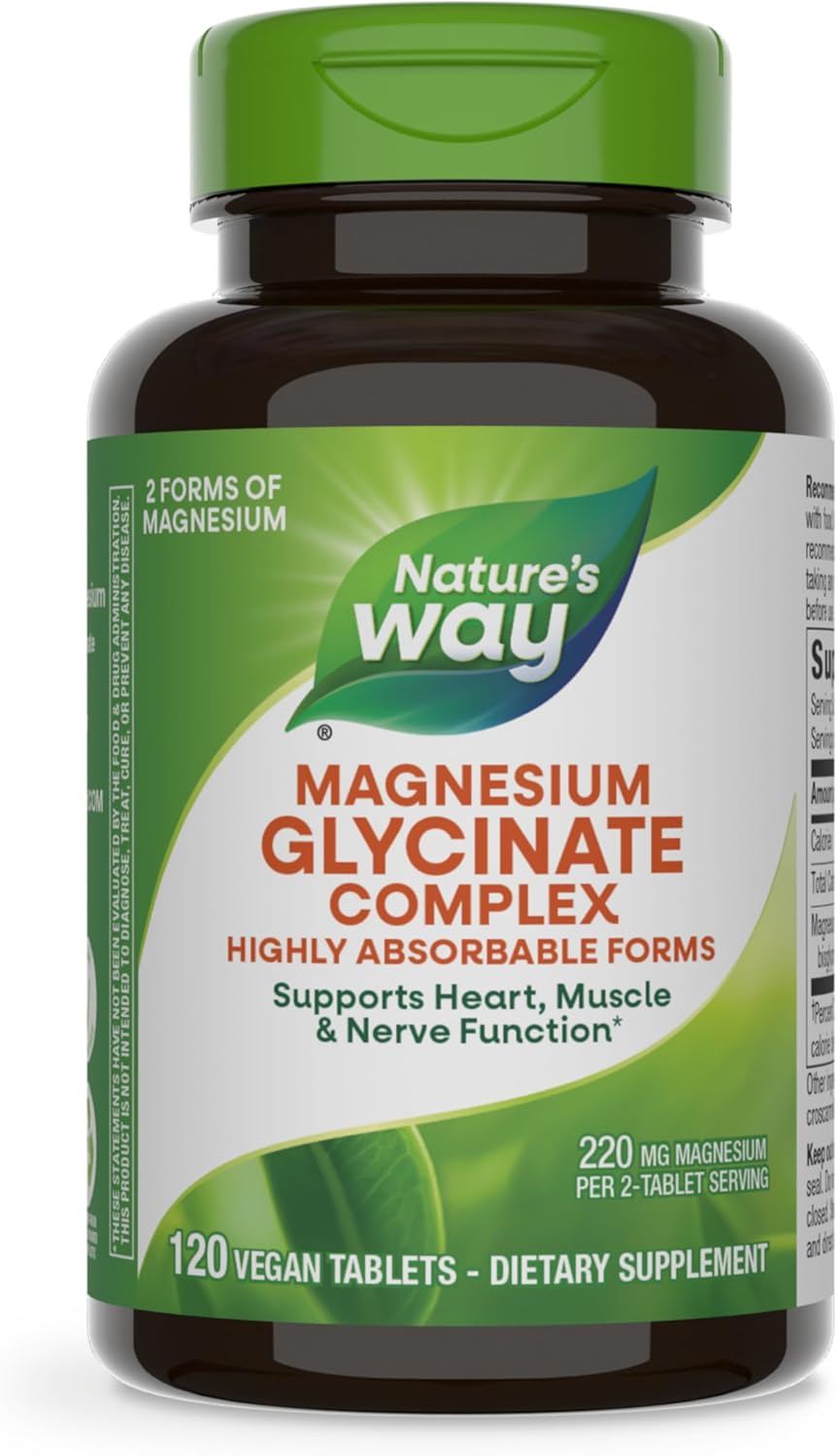 Nature'S Way Magnesium Glycinate Complex, Supports Heart, Muscle, Nerve Function*, Highly Absorbable Magnesium Glycinate, Magnesium Malate, 220 Mg Per 2-Tablet Serving, Gluten Free, Vegan, 120 Tablets