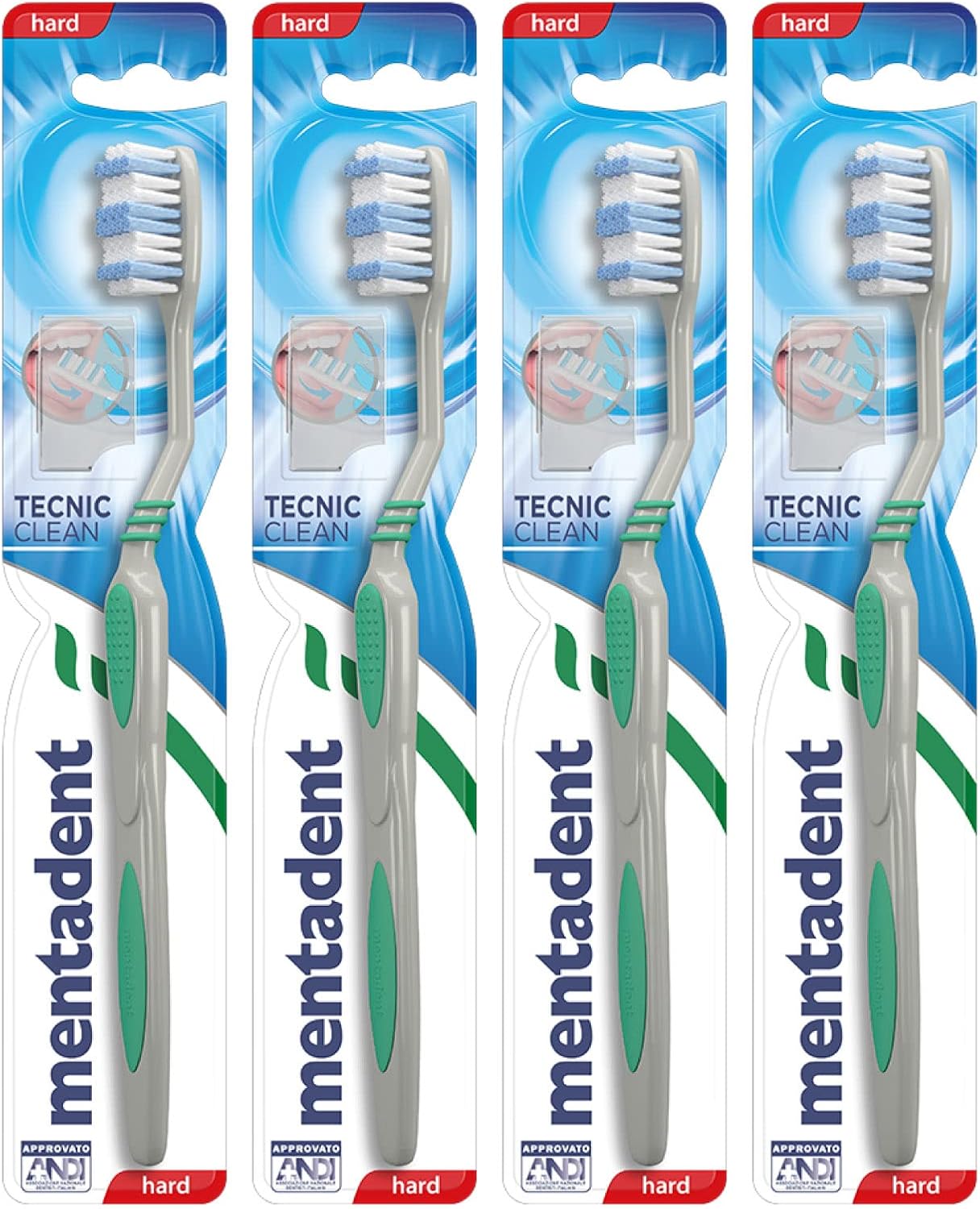 4x Mentadent Tecnic Clean Toothbrush with Hard Bristles and Tongue Cleaner - 4 Toothbrushes
