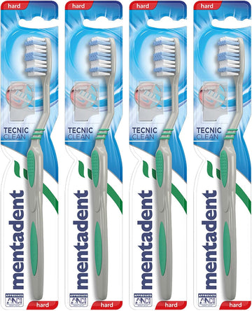 4x Mentadent Tecnic Clean Toothbrush with Hard Bristles and Tongue Cleaner - 4 Toothbrushes