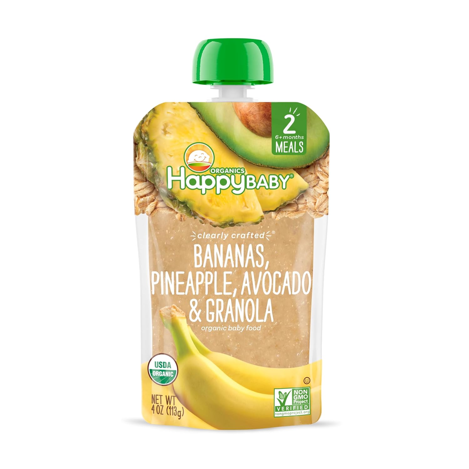Happy Baby Organics Clearly Crafted Stage 2 Baby Food Bananas, Pineapples, Avocado & Granola, 4 Ounce Pouch (Pack of 16) (Packaging May Vary) : Everything Else