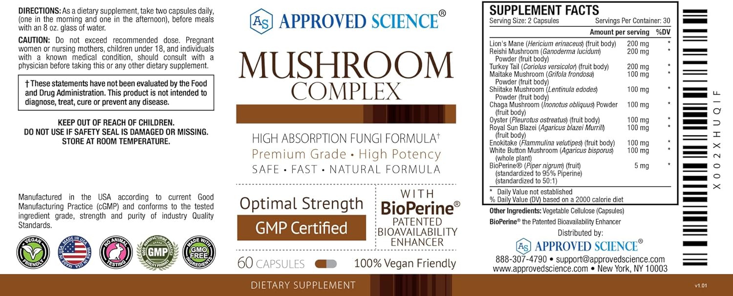 Approved Science Mushroom Complex - Support The Immune System and Cognitive Function - with Lion’s Mane, Chaga, Reishi, Turkey Tail, Shiitake, Oyster, and More - 60 Capsules - Vegan : Health & Household