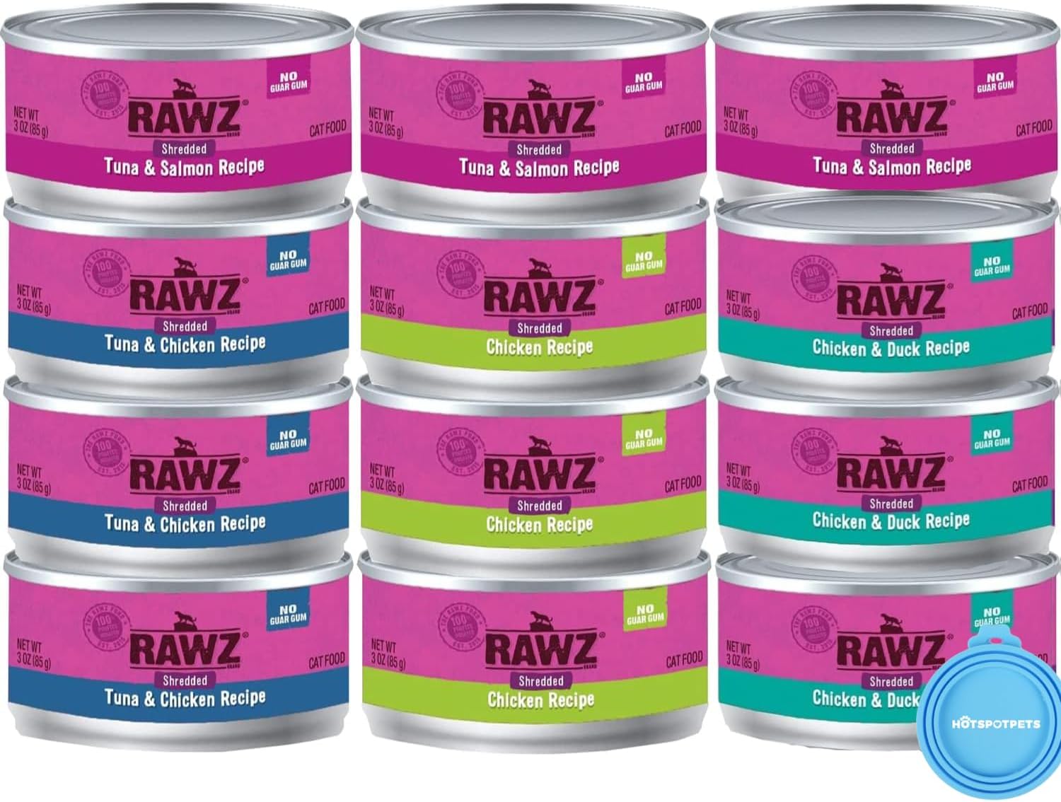 Rawz Natural Premium Canned Cat Wet Food Shredded -12 Pack Cans Variety Bundle Pack -4 Flavors - (Tuna & Salmon, Chicken & Duck, Tuna & Chicken, Chicken) With Hotspot Pets Can Lid - (3Oz Cans)