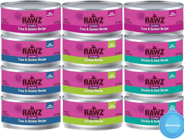 Rawz Natural Premium Canned Cat Wet Food Shredded -12 Pack Cans Variety Bundle Pack -4 Flavors - (Tuna & Salmon, Chicken & Duck, Tuna & Chicken, Chicken) With Hotspot Pets Can Lid - (3Oz Cans)