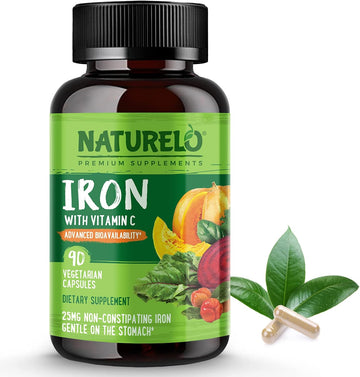 Naturelo Vegan Iron Supplement With Vitamin C And Organic Whole Foods - Gentle Pills For Women & Men W/Iron Deficiency Including Pregnancy, Anemia Diets