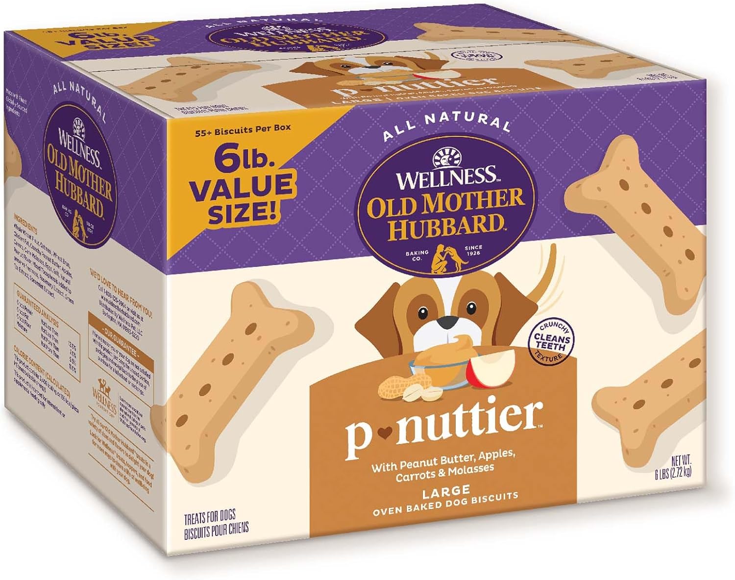 Old Mother Hubbard By Wellness Classic P-Nuttier Value Box Natural Dog Treats, Crunchy Oven-Baked Biscuits, Ideal For Training, Large Size, 6 Pound Box