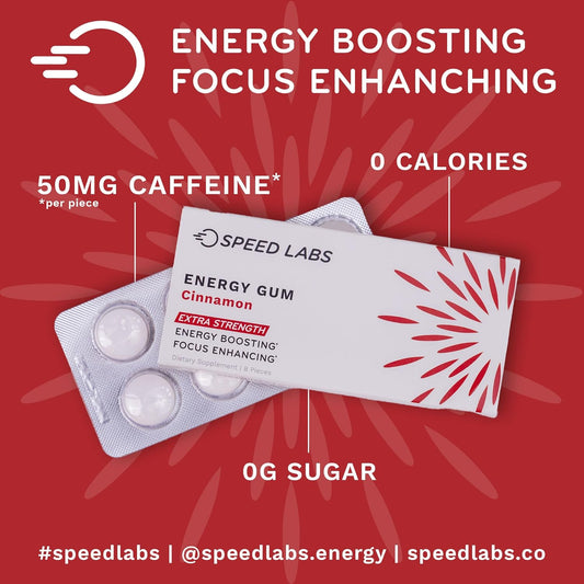 Speed Labs Cinnamon Extra Strength Caffeine Chewing Gum 50Mg Caffeine, Taurine, & B Vitamins Per Piece, 48 Pieces (6 Packs Of 8 Pieces) Sugar Free, Zero Calorie, No Aspartame, Gluten Free