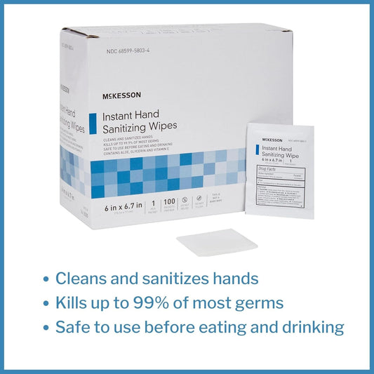 McKesson Instant Hand Sanitizing Wipes with Aloe, Glycerin and Vitamin E, Sterile, Individually Wrapped Single Towelettes, 100 Wipes, 1 Pack