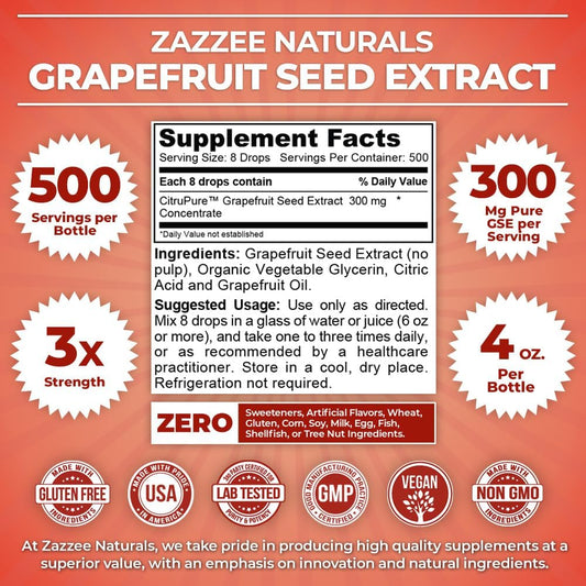 Zazzee Grapefruit Seed Extract (Gse) 4 Ounces | 500 Servings | 300 Mg Per Serving | 3X Potency | Maximum Strength | High Absorption | Vegan, Liquid Concentrate, Non-Gmo And All-Natural