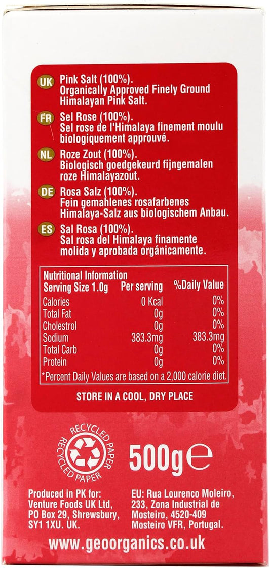 Geo Organics Pure Himalayan Pink Salt Crystals 500G (Pack Of 1) | 100% Natural Salt & Unrefined | Harvested Using Sustainable & Eco-Friendly Practices - Contains 84 Minerals (Finely Ground Pink Salt)
