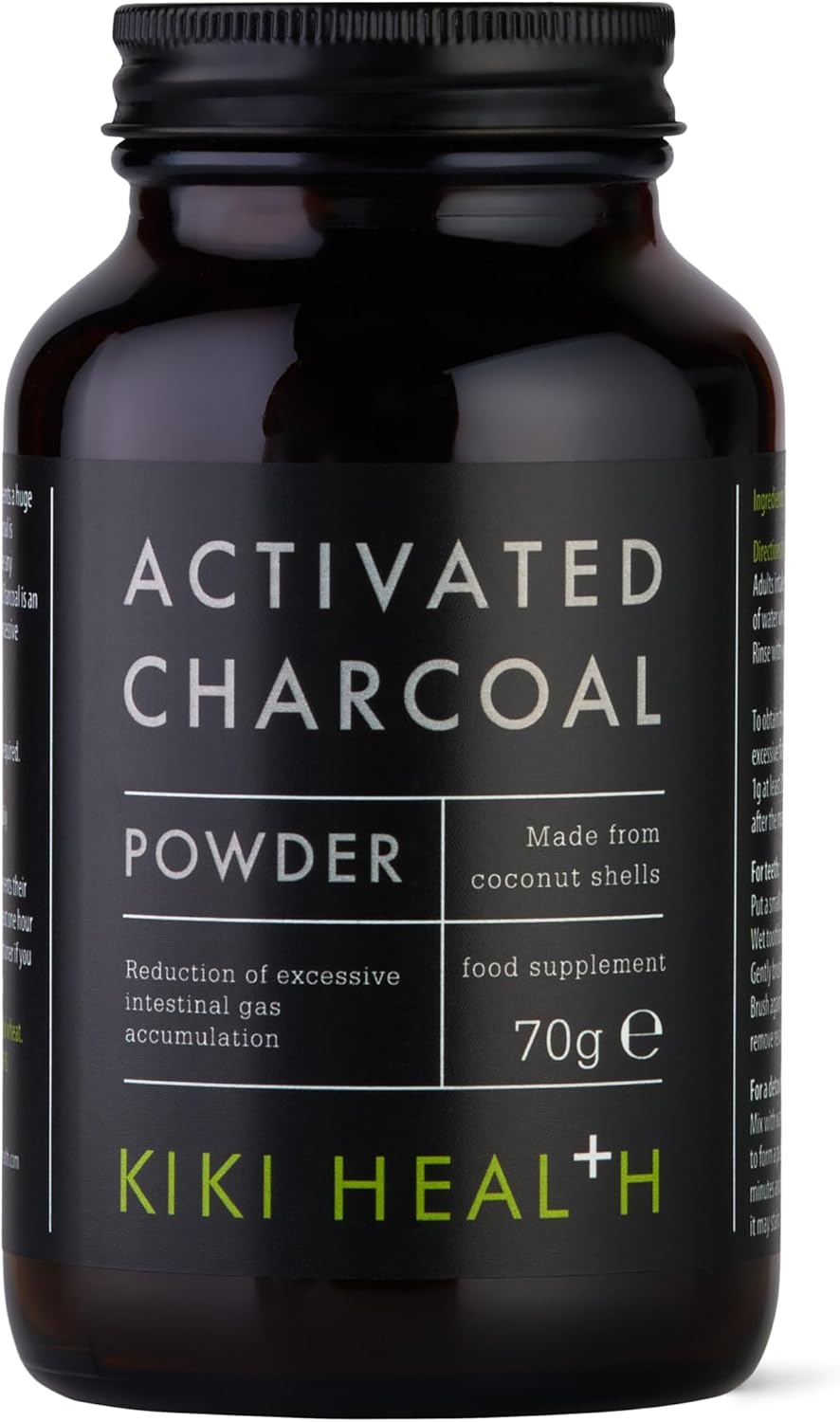 Kiki Health Activated Charcoal Powder | Teeth Whitening Made From Coconut Shells | Food Grade Detox Supplement | Natural Relief Flatulence Indigestion Body & Mind | Vegan & Gluten Free – 70G